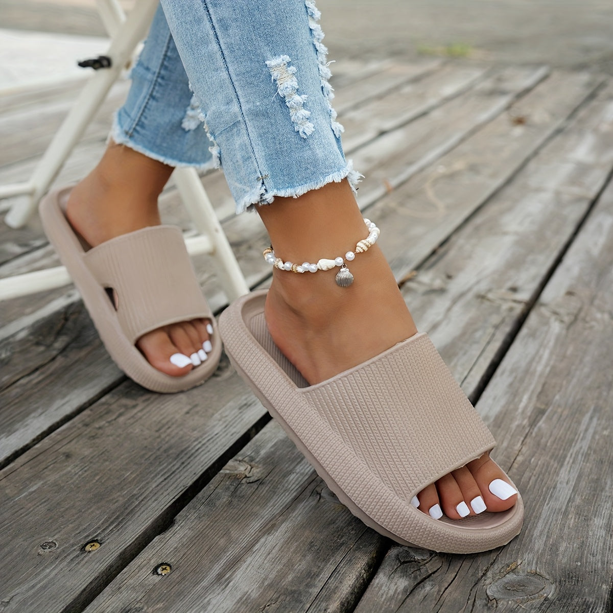 1 Pair Women'S Thick Sole Non-Slip Slide Sandals, Casual Slippers for Beach and Indoor/Outdoor Use, Comfortable All-Season EVA Shoes, Hand Washable Solid Color, Indoor Slippers