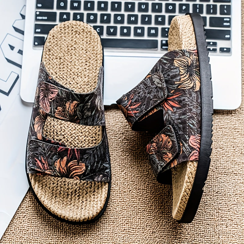 Men's Slip-On Sandals - Tropical Floral beach shoes with Quick-Dry PU Upper & Cushioned EVA Insole - Non-Slip PVC Sole for Pool, Vacation, Casual Outdoors - Slip Resistant Footwear Brown/Green/Red/Blue/Black/Orange/White/ - Lightweight Summer Footwear for