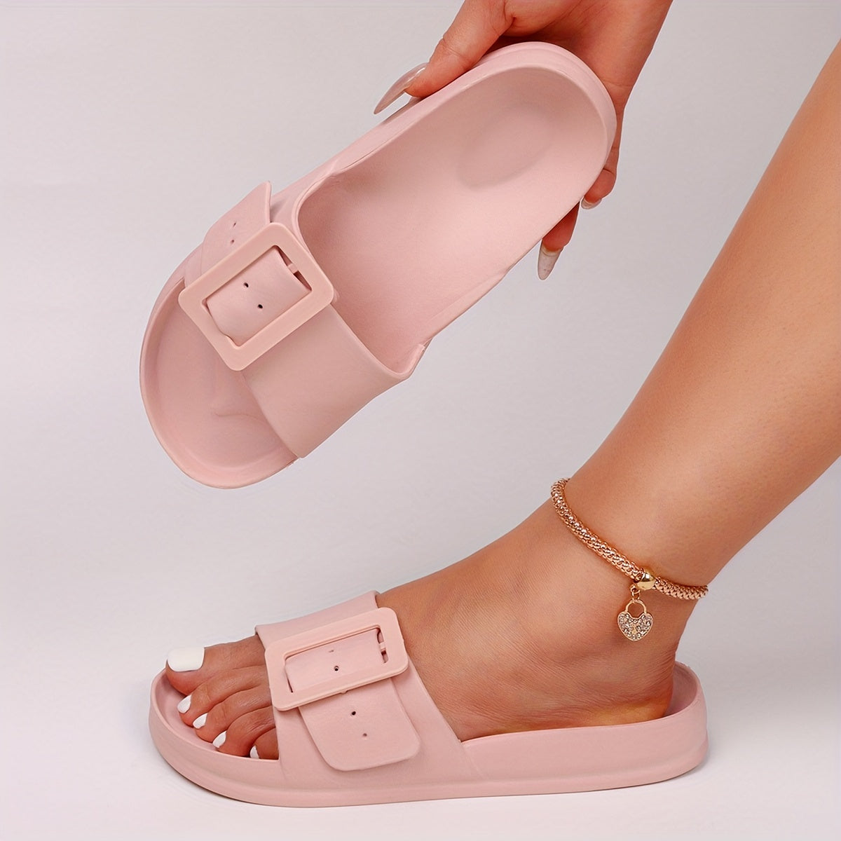 Women's Solid Color EVA Slides, Soft Sole Lightweight Adjustable Buckle Comfort Slides, Non-slip Beach Slides