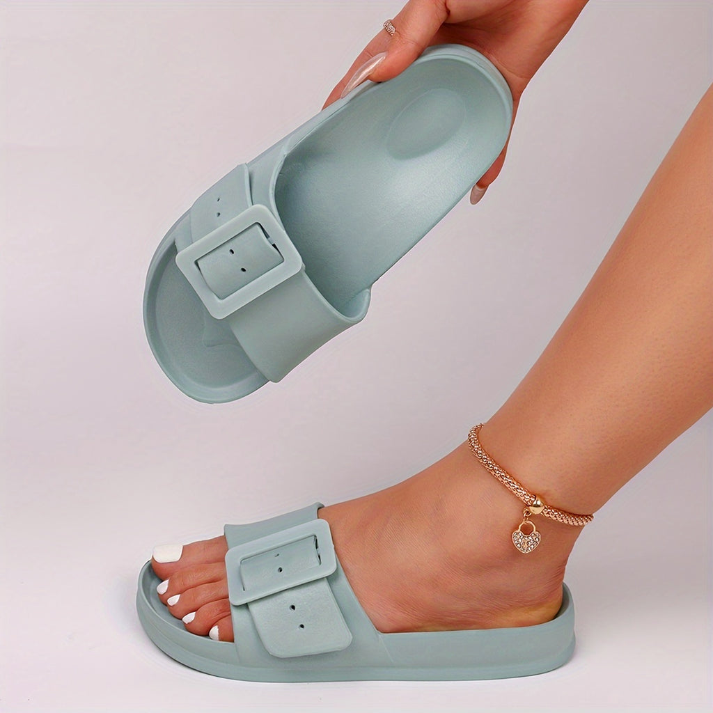 Women's Solid Color EVA Slides, Soft Sole Lightweight Adjustable Buckle Comfort Slides, Non-slip Beach Slides
