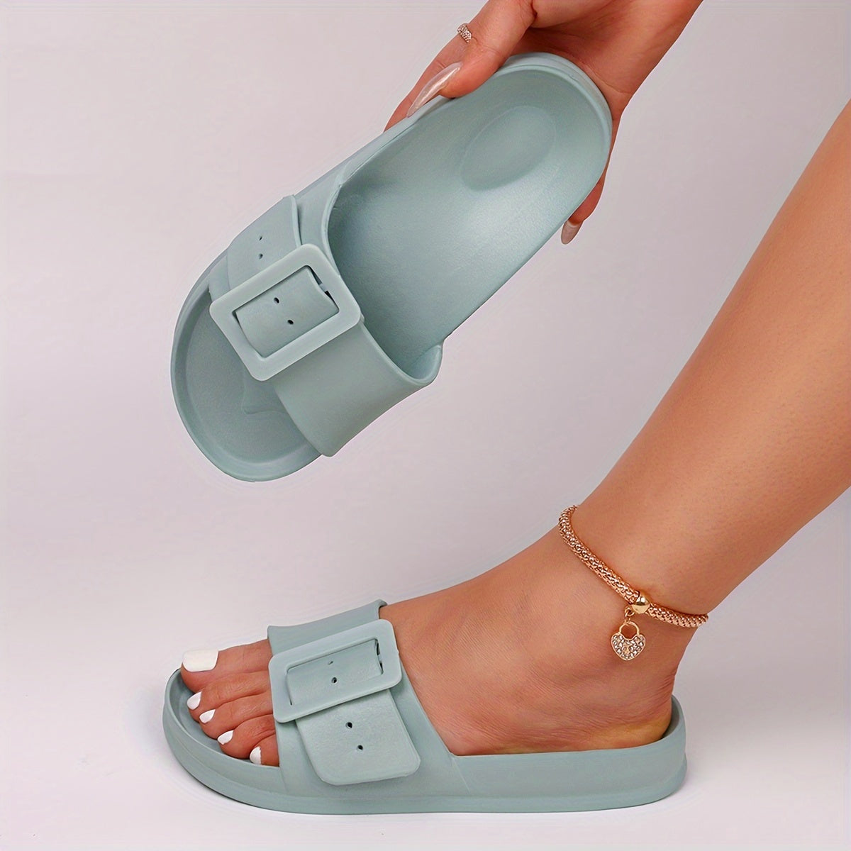 Women's Solid Color EVA Slides, Soft Sole Lightweight Adjustable Buckle Comfort Slides, Non-slip Beach Slides