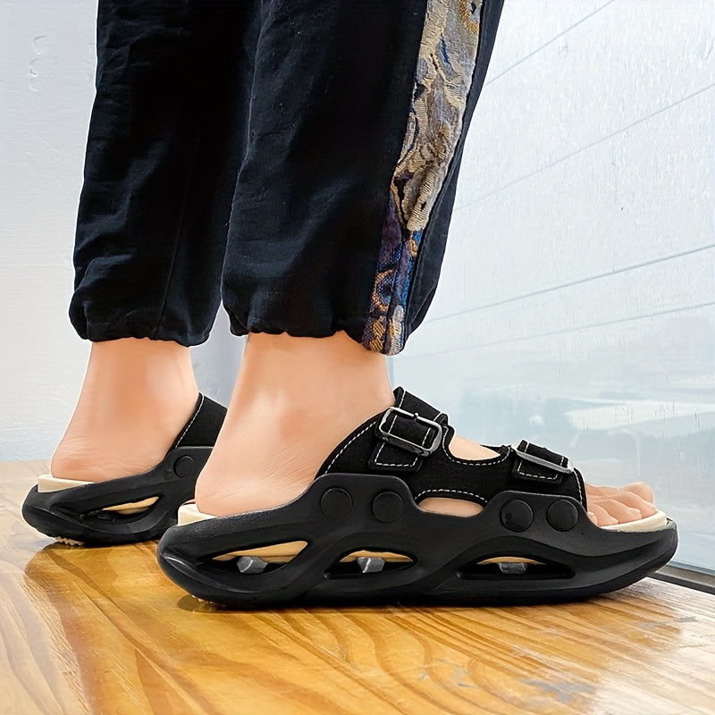 2025 Summer Minimalist Thick-Soled Couple Slides - Breathable EVA Sandals with Non-Slip Grip, Fashionable Black & Beige Design for Indoor/Outdoor Use, Perfect for Beach, Casual Wear, and Home Comfort, Beach Sandals