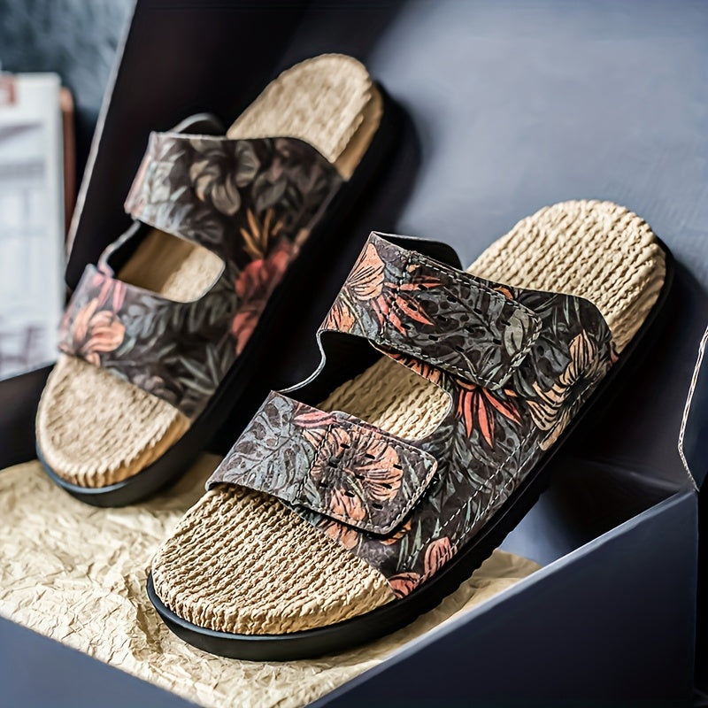 Men's Slip-On Sandals - Tropical Floral beach shoes with Quick-Dry PU Upper & Cushioned EVA Insole - Non-Slip PVC Sole for Pool, Vacation, Casual Outdoors - Slip Resistant Footwear Brown/Green/Red/Blue/Black/Orange/White/ - Lightweight Summer Footwear for