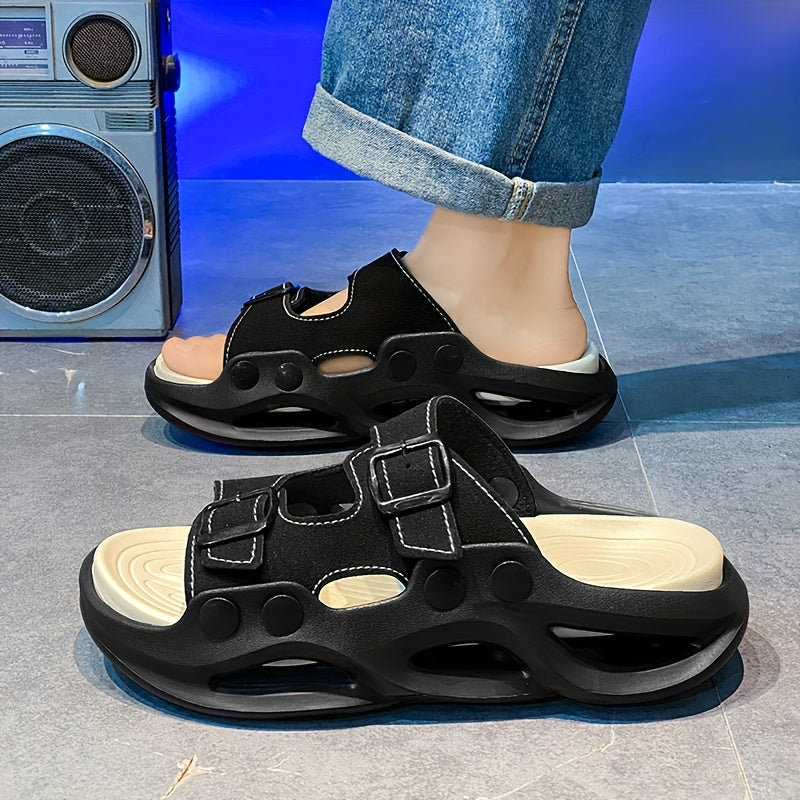 2025 Summer Minimalist Thick-Soled Couple Slides - Breathable EVA Sandals with Non-Slip Grip, Fashionable Black & Beige Design for Indoor/Outdoor Use, Perfect for Beach, Casual Wear, and Home Comfort, Beach Sandals