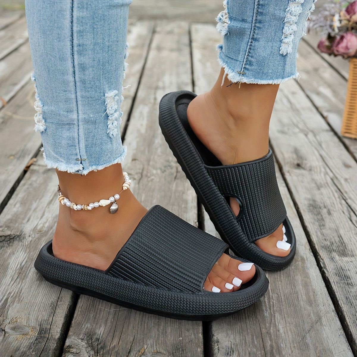 1 Pair Women'S Thick Sole Non-Slip Slide Sandals, Casual Slippers for Beach and Indoor/Outdoor Use, Comfortable All-Season EVA Shoes, Hand Washable Solid Color, Indoor Slippers