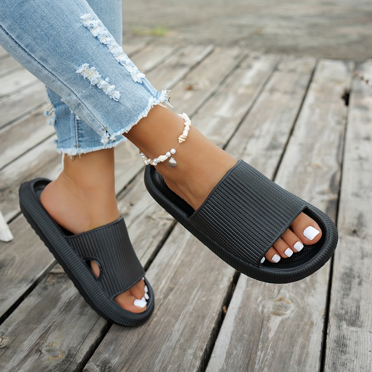1 Pair Women'S Thick Sole Non-Slip Slide Sandals, Casual Slippers for Beach and Indoor/Outdoor Use, Comfortable All-Season EVA Shoes, Hand Washable Solid Color, Indoor Slippers
