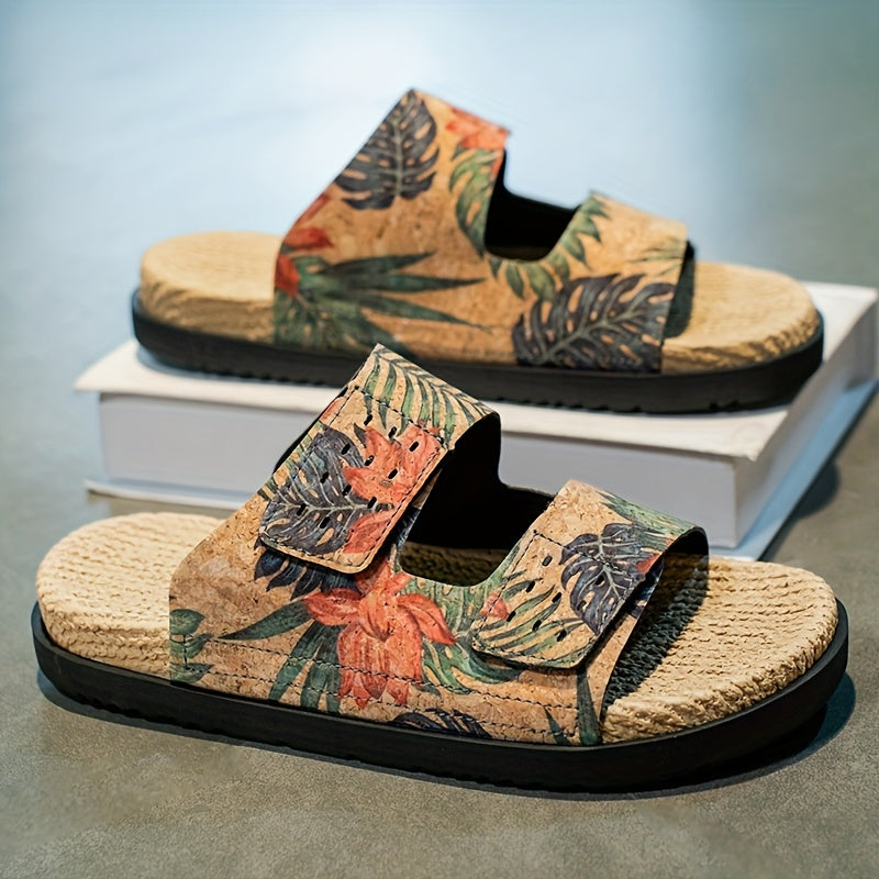 Men's Slip-On Sandals - Tropical Floral beach shoes with Quick-Dry PU Upper & Cushioned EVA Insole - Non-Slip PVC Sole for Pool, Vacation, Casual Outdoors - Slip Resistant Footwear Brown/Green/Red/Blue/Black/Orange/White/ - Lightweight Summer Footwear for