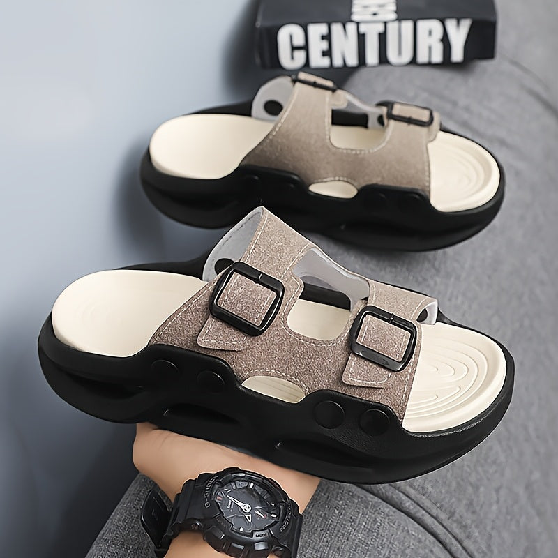 2025 Summer Minimalist Thick-Soled Couple Slides - Breathable EVA Sandals with Non-Slip Grip, Fashionable Black & Beige Design for Indoor/Outdoor Use, Perfect for Beach, Casual Wear, and Home Comfort, Beach Sandals