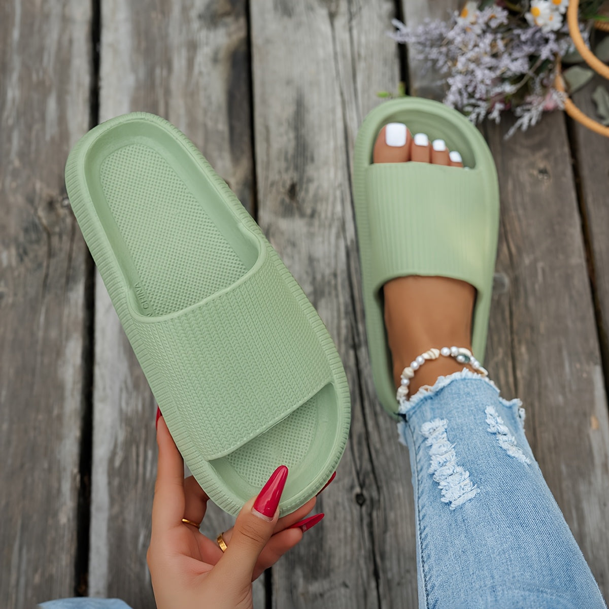 1 Pair Women'S Thick Sole Non-Slip Slide Sandals, Casual Slippers for Beach and Indoor/Outdoor Use, Comfortable All-Season EVA Shoes, Hand Washable Solid Color, Indoor Slippers
