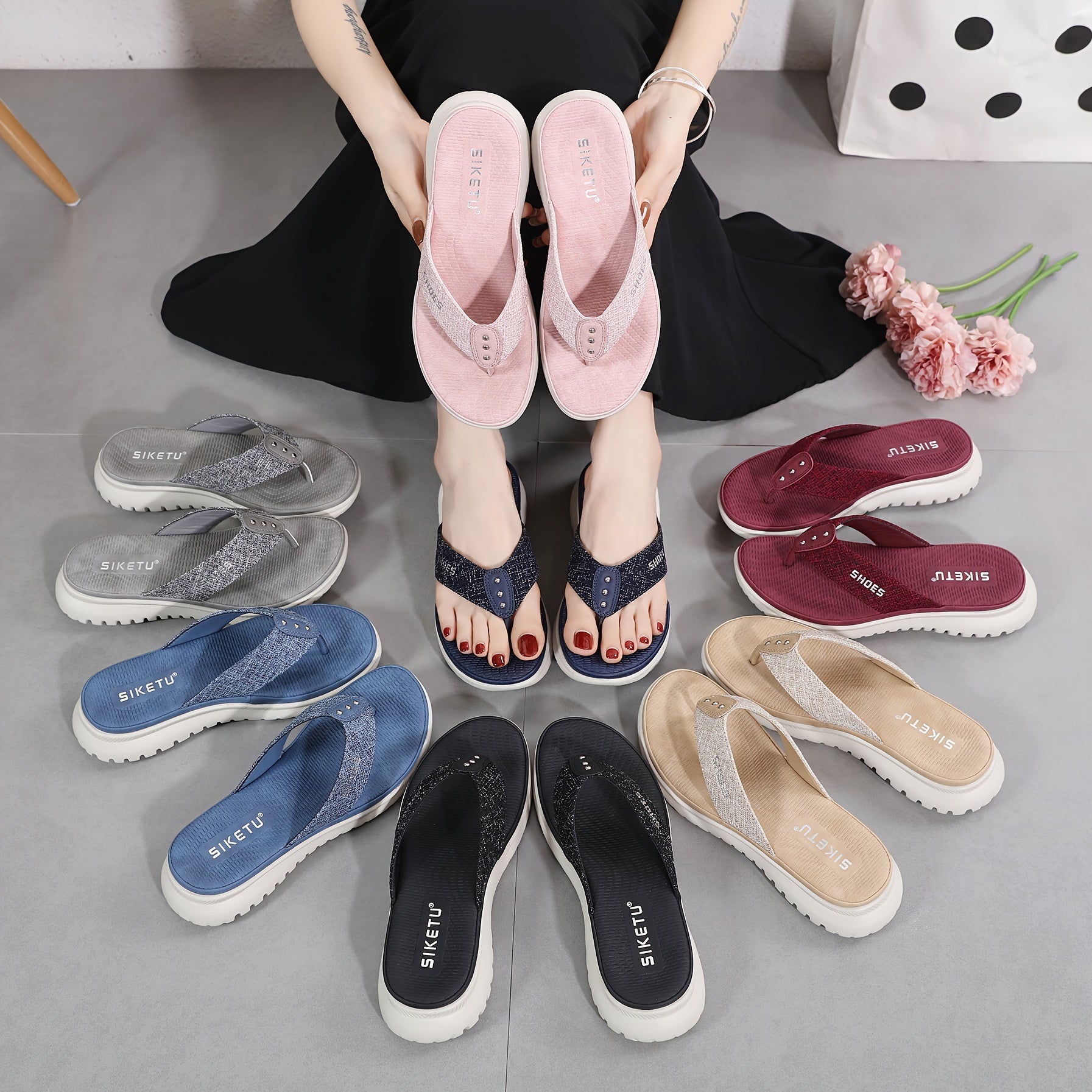 Women's Summer Slide Sandals - Casual Open-Toe Flip-Flops with Arch Support, Comfortable Low Heel, Fabric Upper, EVA Insole, Available in Pink, Red, Blue, Black, Grey, Beige & More, Sizes 35-42, Strappy Sandals