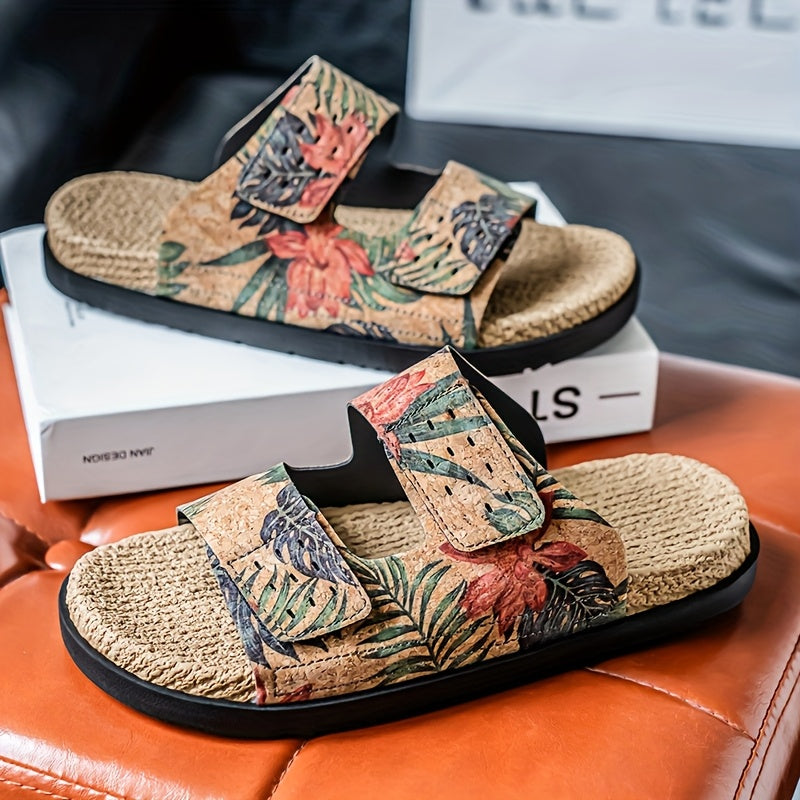Men's Slip-On Sandals - Tropical Floral beach shoes with Quick-Dry PU Upper & Cushioned EVA Insole - Non-Slip PVC Sole for Pool, Vacation, Casual Outdoors - Slip Resistant Footwear Brown/Green/Red/Blue/Black/Orange/White/ - Lightweight Summer Footwear for