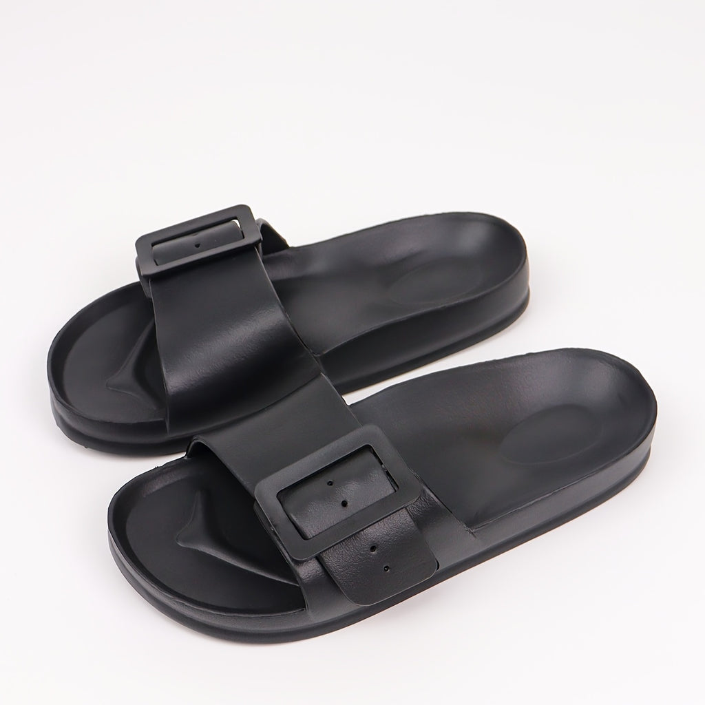 Women's Solid Color EVA Slides, Soft Sole Lightweight Adjustable Buckle Comfort Slides, Non-slip Beach Slides