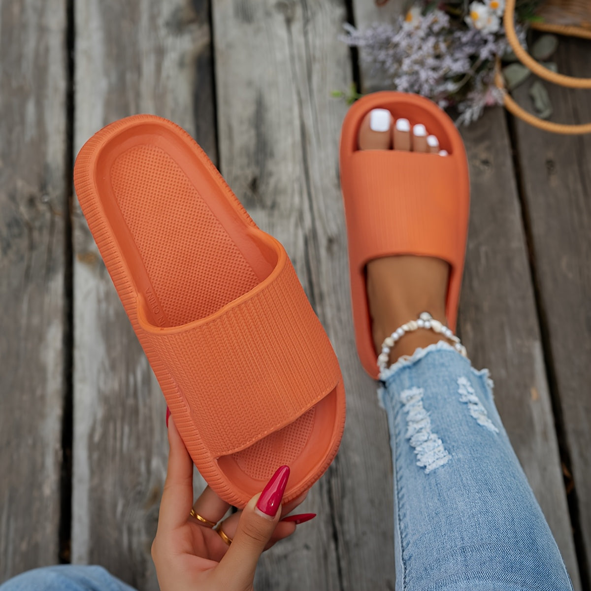 1 Pair Women'S Thick Sole Non-Slip Slide Sandals, Casual Slippers for Beach and Indoor/Outdoor Use, Comfortable All-Season EVA Shoes, Hand Washable Solid Color, Indoor Slippers