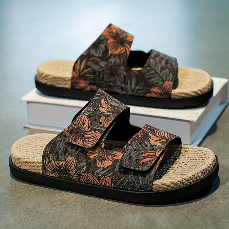 Men's Slip-On Sandals - Tropical Floral beach shoes with Quick-Dry PU Upper & Cushioned EVA Insole - Non-Slip PVC Sole for Pool, Vacation, Casual Outdoors - Slip Resistant Footwear Brown/Green/Red/Blue/Black/Orange/White/ - Lightweight Summer Footwear for