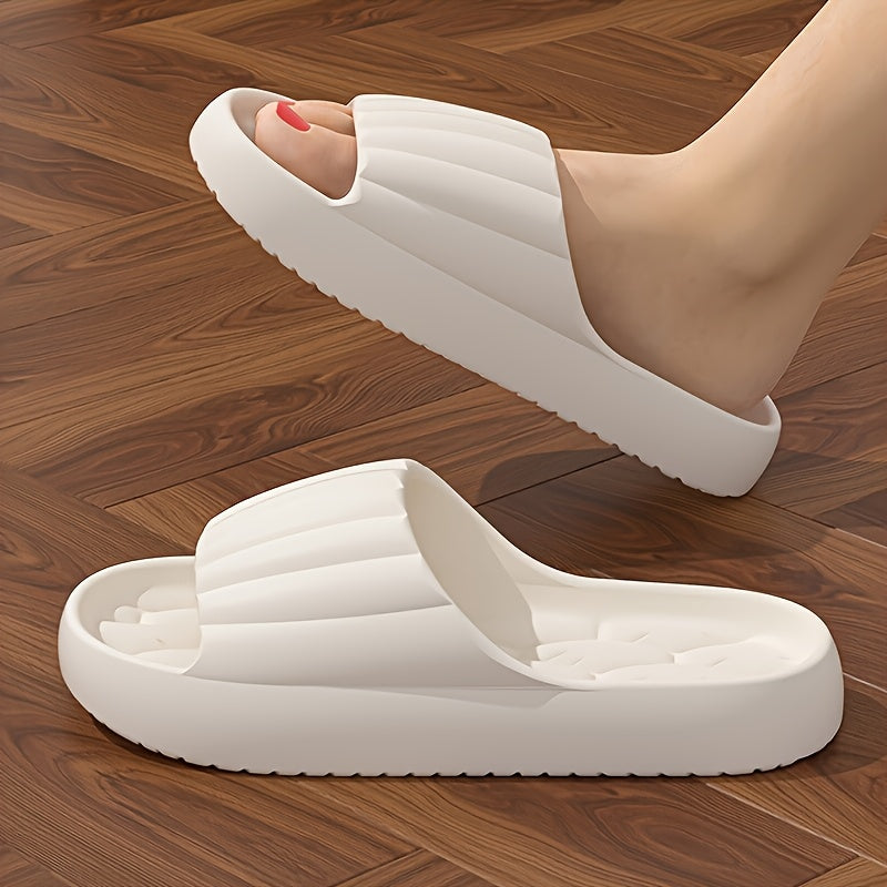 Women'S EVA Slides - Thick Cushioned Non-Slip Flat Sandals with Ribbed Texture, Soft Rebound Comfort for Indoor/Outdoor Use, Beach & Home Relaxation, Beige, Ladies Slippers