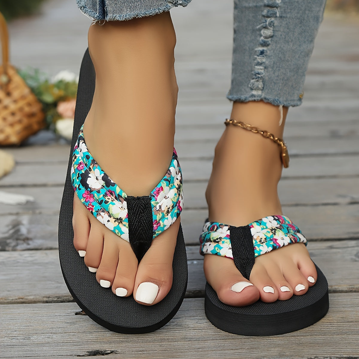 Women's Floral Flip-Flops - Comfortable Summer Beach Sandals with Soft EVA Sole, Breathable Fabric Upper