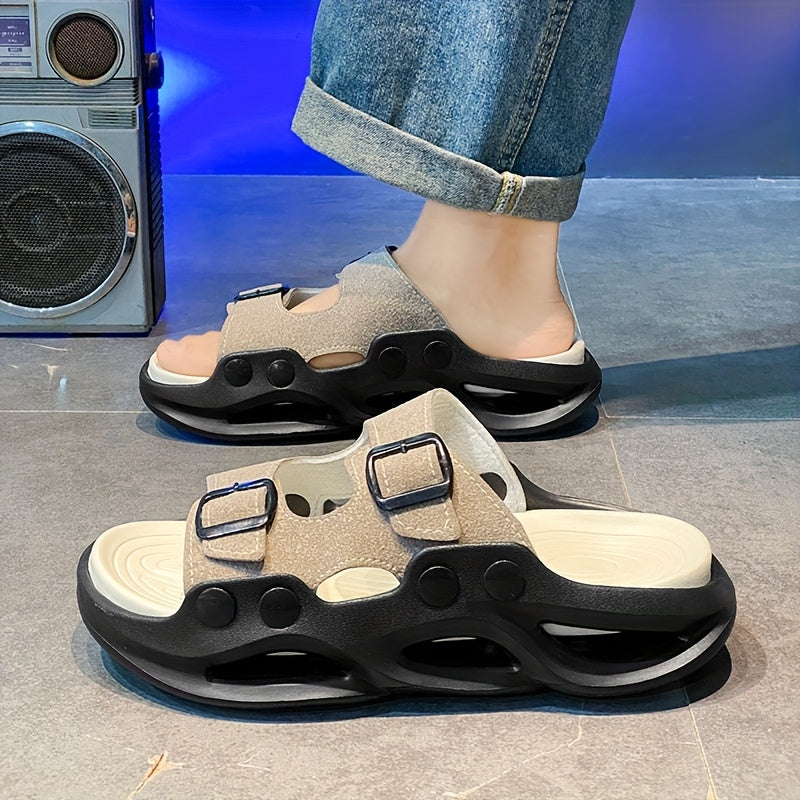 2025 Summer Minimalist Thick-Soled Couple Slides - Breathable EVA Sandals with Non-Slip Grip, Fashionable Black & Beige Design for Indoor/Outdoor Use, Perfect for Beach, Casual Wear, and Home Comfort, Beach Sandals