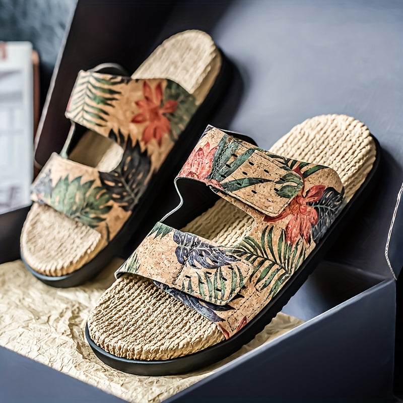 Men's Slip-On Sandals - Tropical Floral beach shoes with Quick-Dry PU Upper & Cushioned EVA Insole - Non-Slip PVC Sole for Pool, Vacation, Casual Outdoors - Slip Resistant Footwear Brown/Green/Red/Blue/Black/Orange/White/ - Lightweight Summer Footwear for