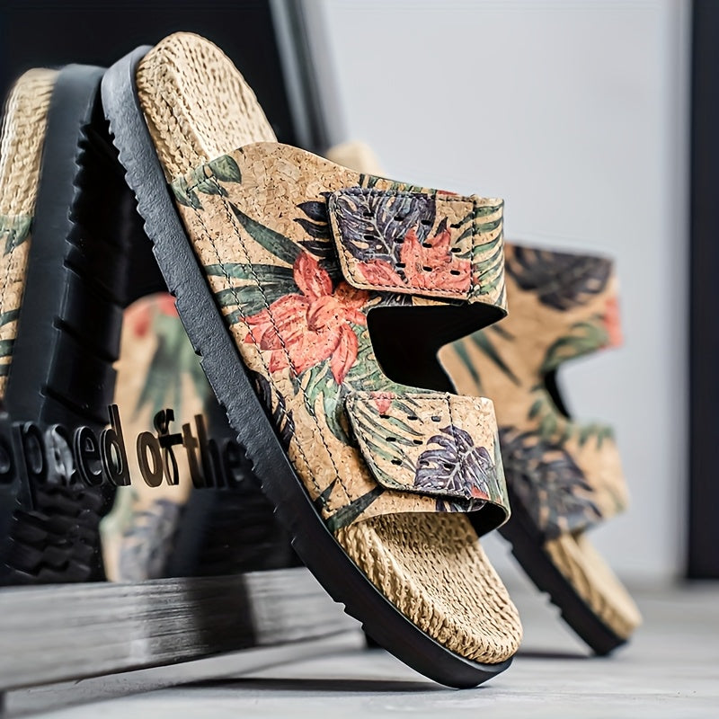 Men's Slip-On Sandals - Tropical Floral beach shoes with Quick-Dry PU Upper & Cushioned EVA Insole - Non-Slip PVC Sole for Pool, Vacation, Casual Outdoors - Slip Resistant Footwear Brown/Green/Red/Blue/Black/Orange/White/ - Lightweight Summer Footwear for