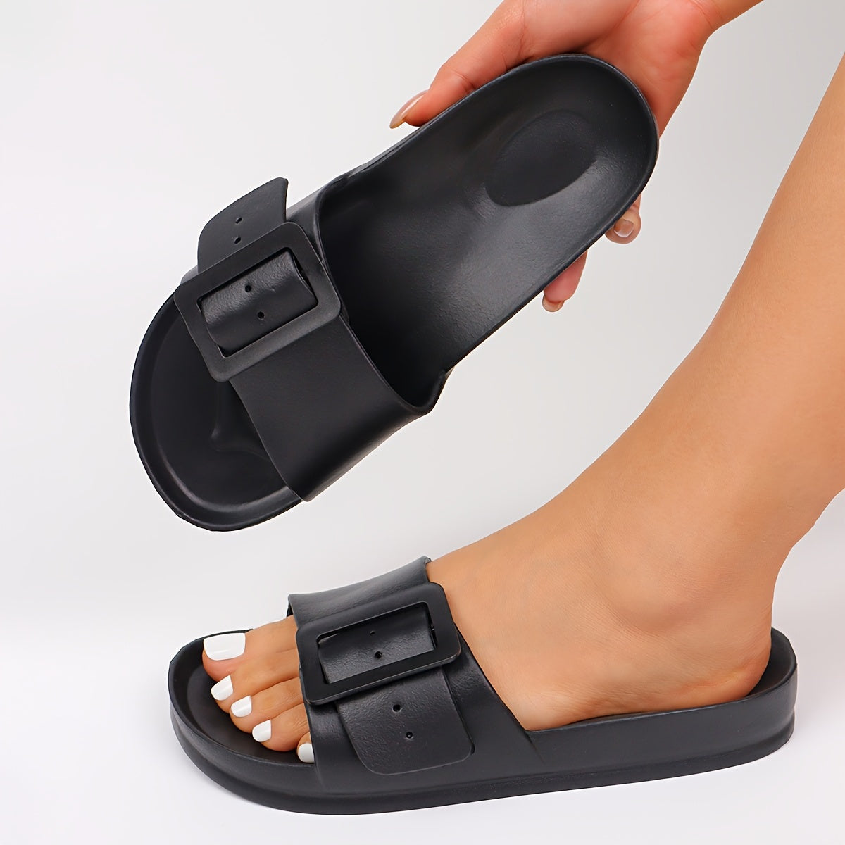 Women's Solid Color EVA Slides, Soft Sole Lightweight Adjustable Buckle Comfort Slides, Non-slip Beach Slides