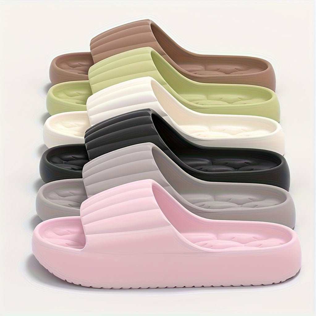 Women'S EVA Slides - Thick Cushioned Non-Slip Flat Sandals with Ribbed Texture, Soft Rebound Comfort for Indoor/Outdoor Use, Beach & Home Relaxation, Beige, Ladies Slippers