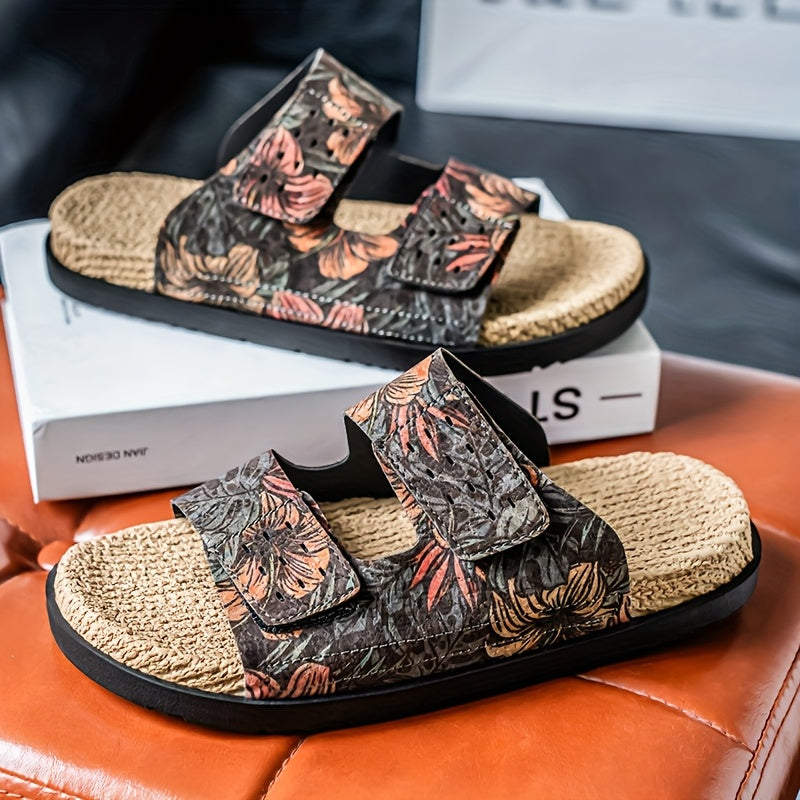 Men's Slip-On Sandals - Tropical Floral beach shoes with Quick-Dry PU Upper & Cushioned EVA Insole - Non-Slip PVC Sole for Pool, Vacation, Casual Outdoors - Slip Resistant Footwear Brown/Green/Red/Blue/Black/Orange/White/ - Lightweight Summer Footwear for