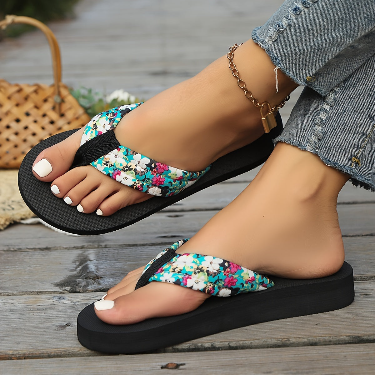 Women's Floral Flip-Flops - Comfortable Summer Beach Sandals with Soft EVA Sole, Breathable Fabric Upper