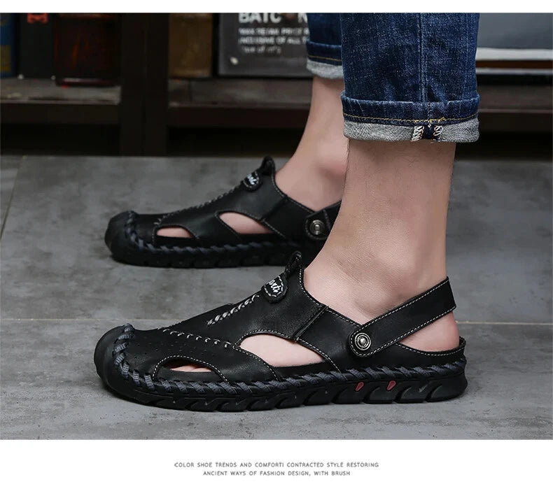 Summer Men Sandals Soft Breathable Slippers Leather Handmade Soft Beach Sneakers