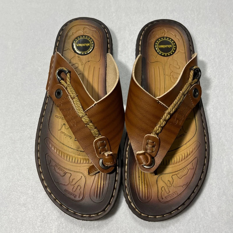 Xiu Xian Men Leather Thong Flip Flop Sandals Brown Slippers Coastal Beach