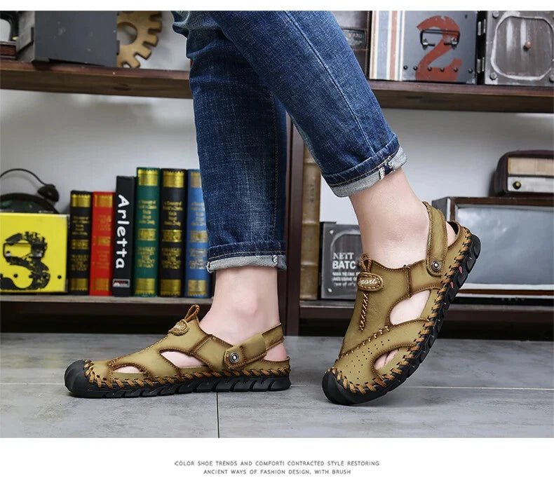 Summer Men Sandals Soft Breathable Slippers Leather Handmade Soft Beach Sneakers