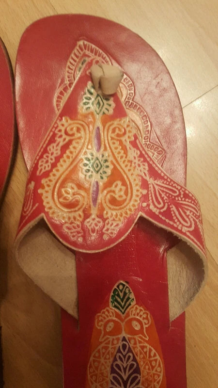 WOMEN'S LEATHER SLIPPERS SANDALS BEACH NEW RED MULTI COLOR PRINT SIZE 37
