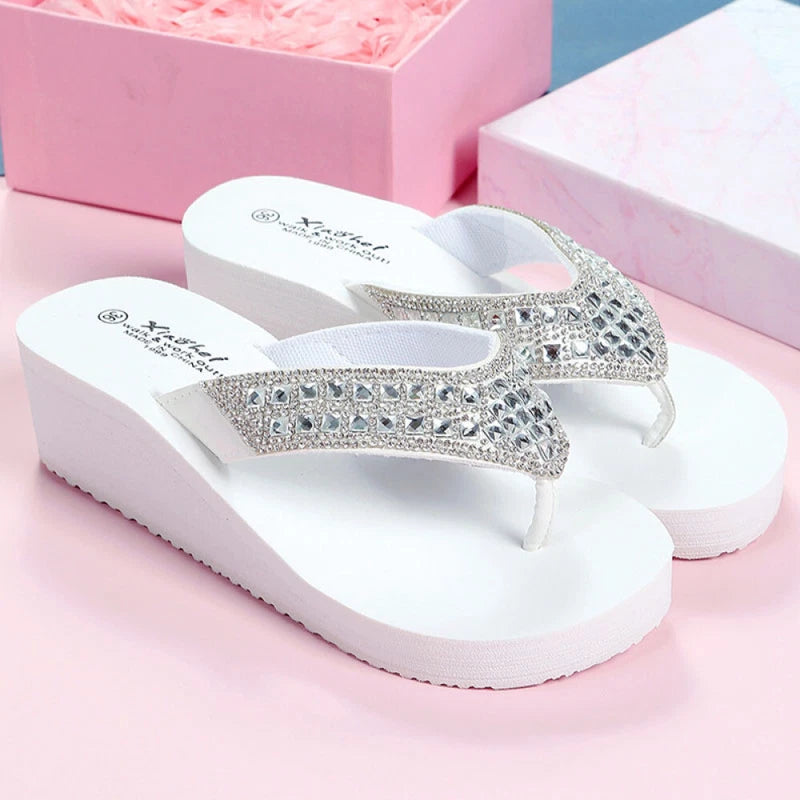 Womens Flip Flops Sandals Ladies Summer Beach Rhinestone Toe Post Wedge Shoes