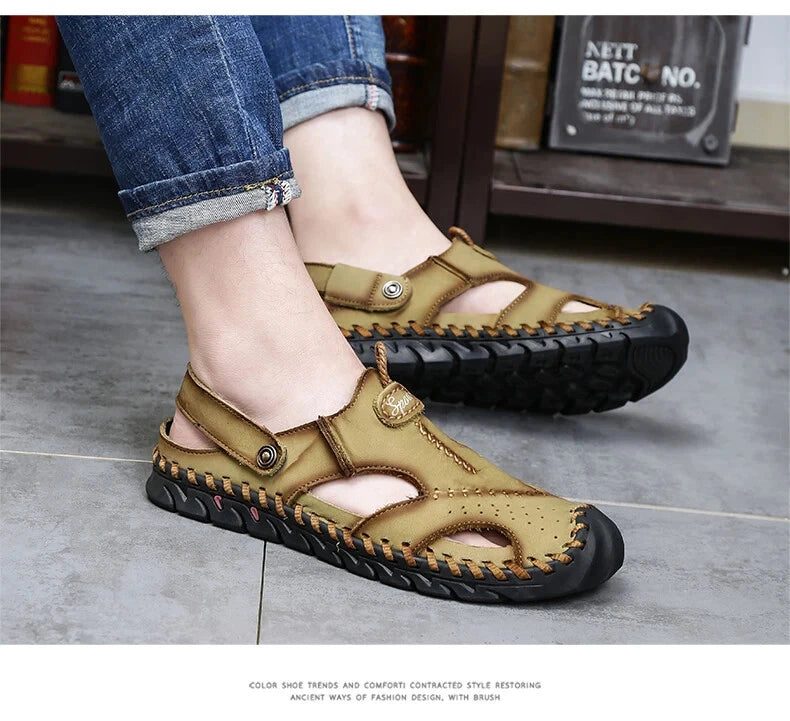 Summer Men Sandals Soft Breathable Slippers Leather Handmade Soft Beach Sneakers
