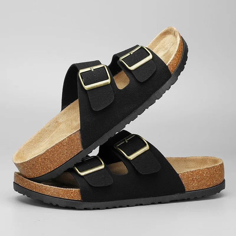 Leather Cork Slippers Men Beach Sandals Summer Outdoor Women Soft Slides Unisex
