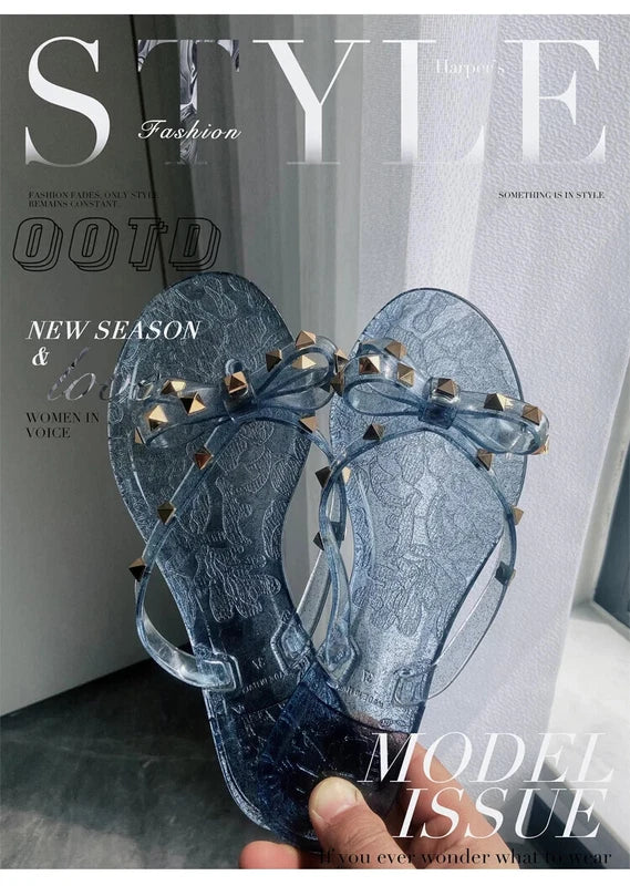 Rivet flip-flops rivet jelly thong sandals bow summer bow flat beach rain boots