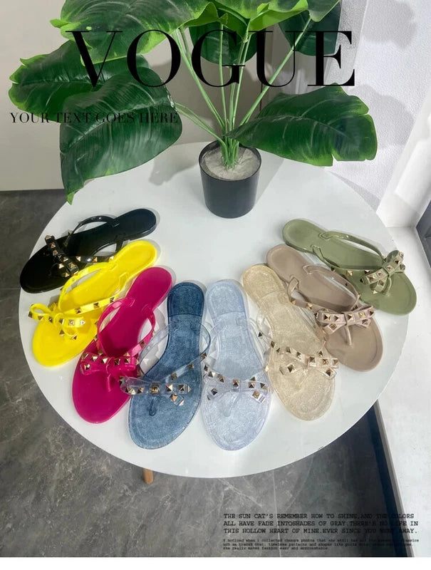 Rivet flip-flops rivet jelly thong sandals bow summer bow flat beach rain boots