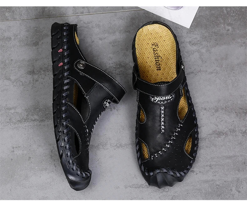 Summer Men Sandals Soft Breathable Slippers Leather Handmade Soft Beach Sneakers