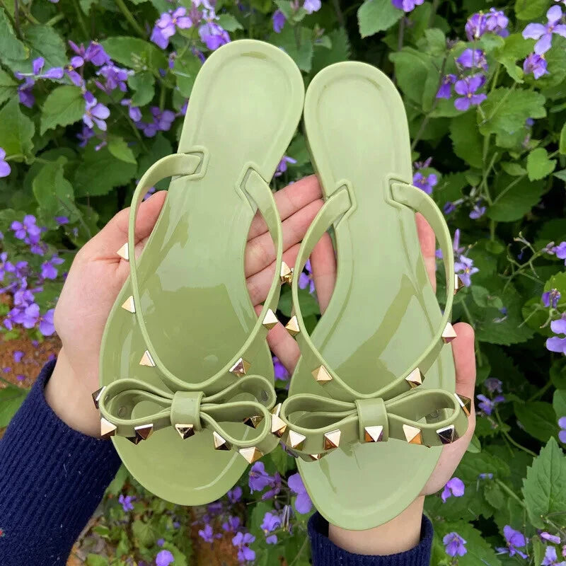 Rivet flip-flops rivet jelly thong sandals bow summer bow flat beach rain boots
