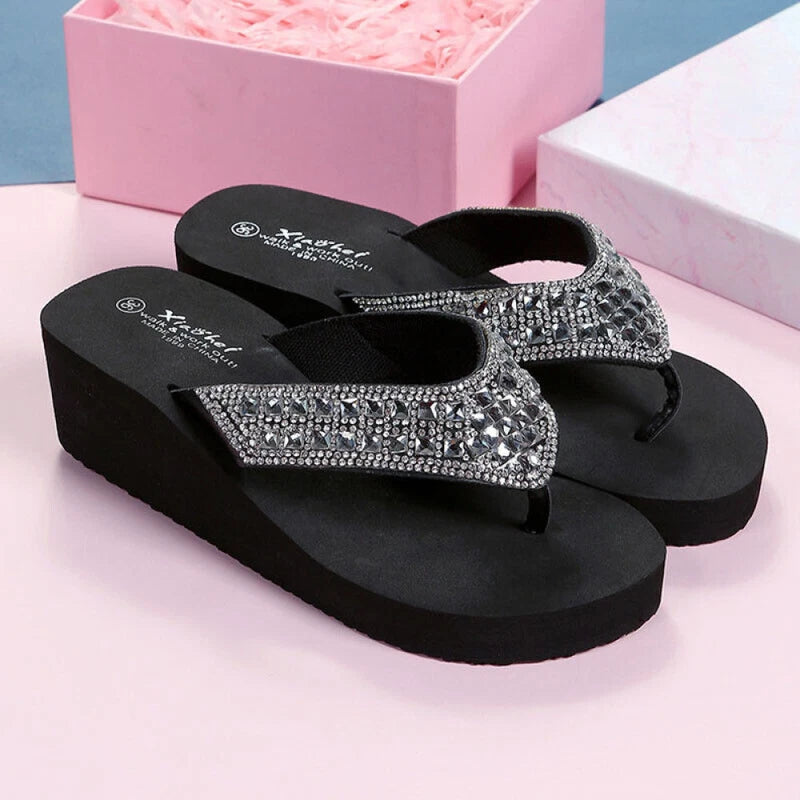 Womens Flip Flops Sandals Ladies Summer Beach Rhinestone Toe Post Wedge Shoes