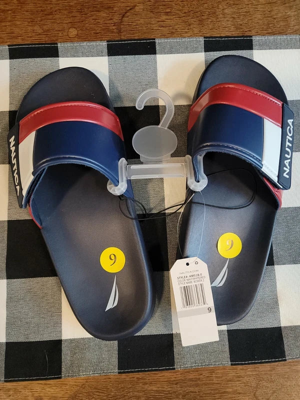 Nautica Bower Athletic Adjustable Slides Sandals Mens Size 9 Navy White & Red