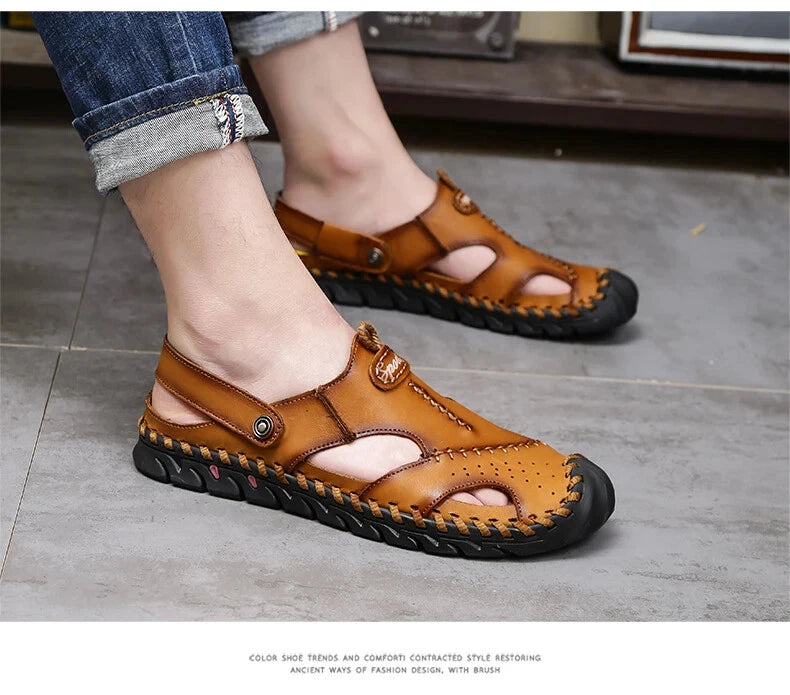 Summer Men Sandals Soft Breathable Slippers Leather Handmade Soft Beach Sneakers