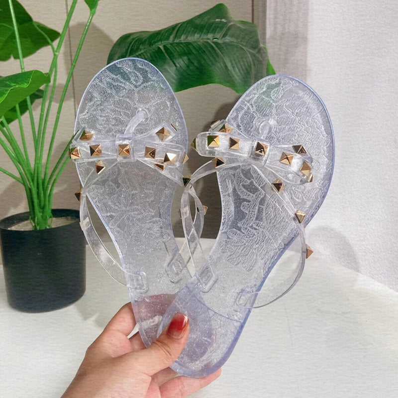 Rivet flip-flops rivet jelly thong sandals bow summer bow flat beach rain boots