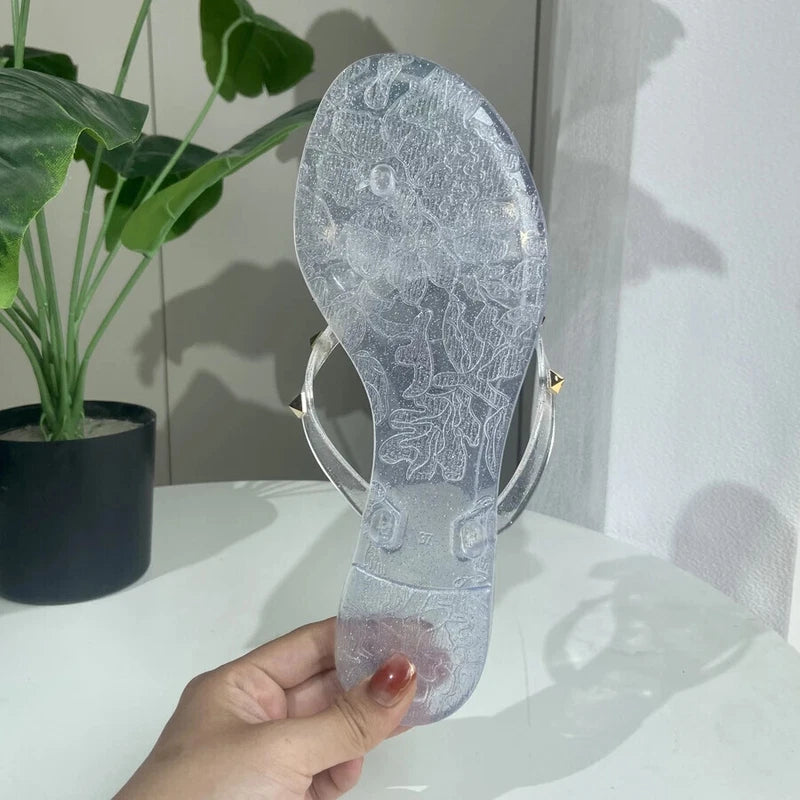 Rivet flip-flops rivet jelly thong sandals bow summer bow flat beach rain boots
