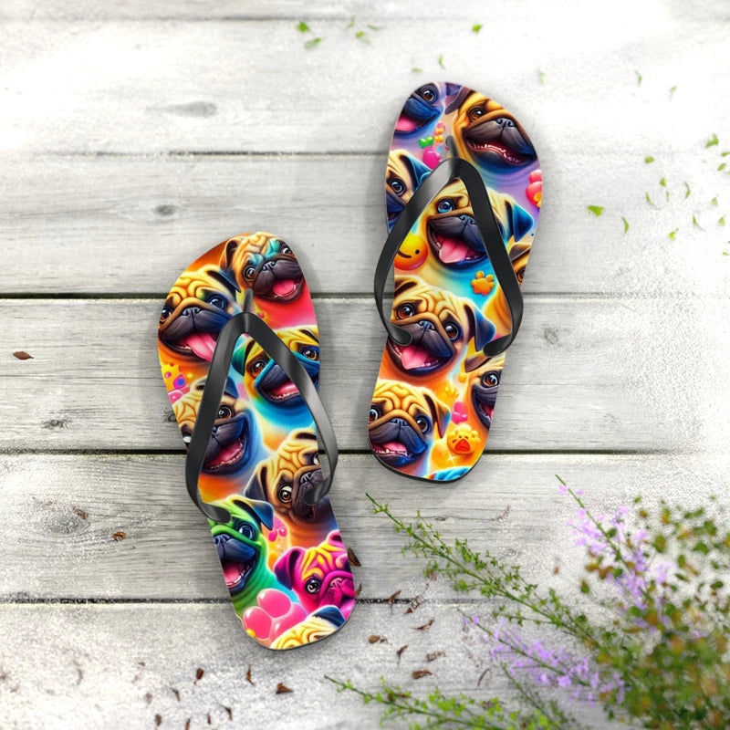 Colorful Pug Dog Flip Flops - Summer Beach Sandals, Cute Animal Slippers, Funny