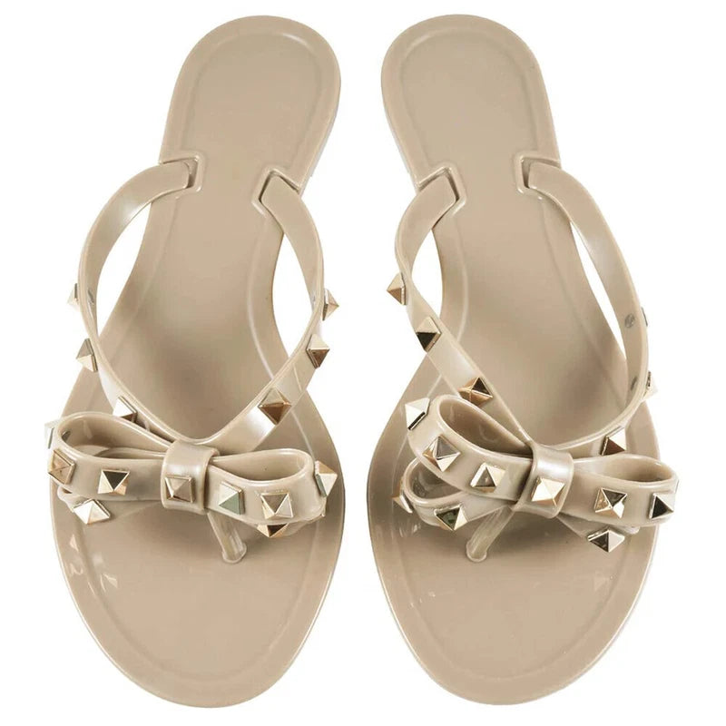 Rivet flip-flops rivet jelly thong sandals bow summer bow flat beach rain boots