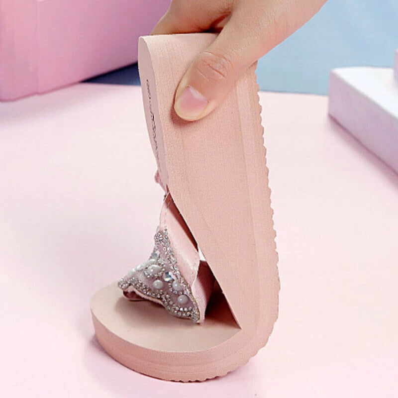 Womens Flip Flops Sandals Ladies Summer Beach Rhinestone Toe Post Wedge Shoes