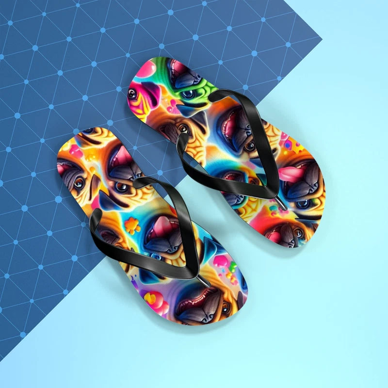 Colorful Pug Dog Flip Flops - Summer Beach Sandals, Cute Animal Slippers, Funny