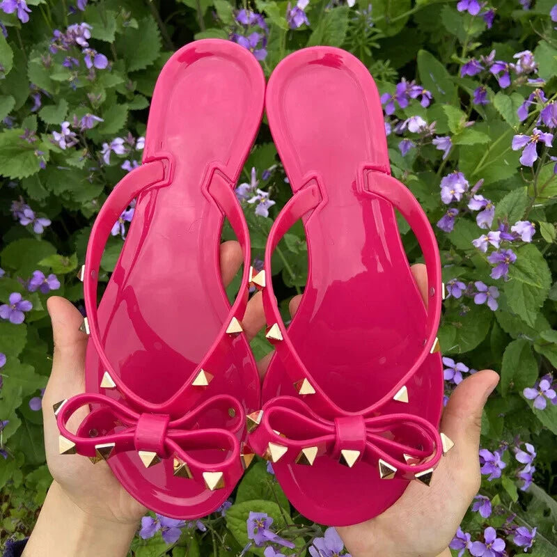 Rivet flip-flops rivet jelly thong sandals bow summer bow flat beach rain boots