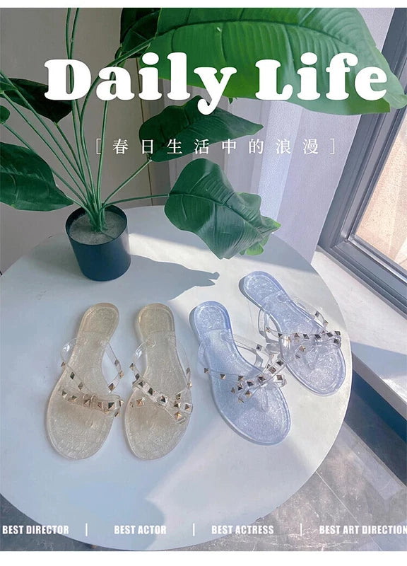 Rivet flip-flops rivet jelly thong sandals bow summer bow flat beach rain boots