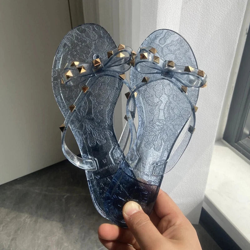 Rivet flip-flops rivet jelly thong sandals bow summer bow flat beach rain boots